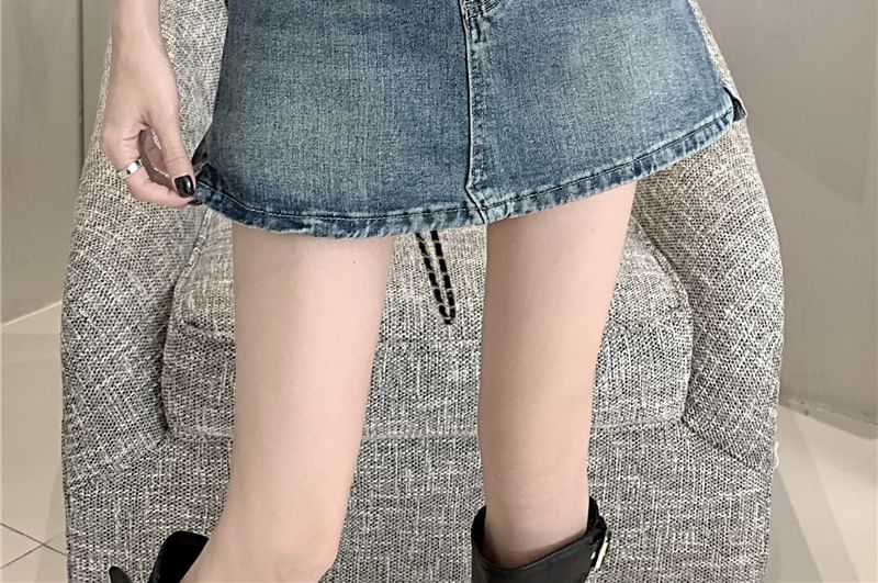 High Waist Washed Denim Skort