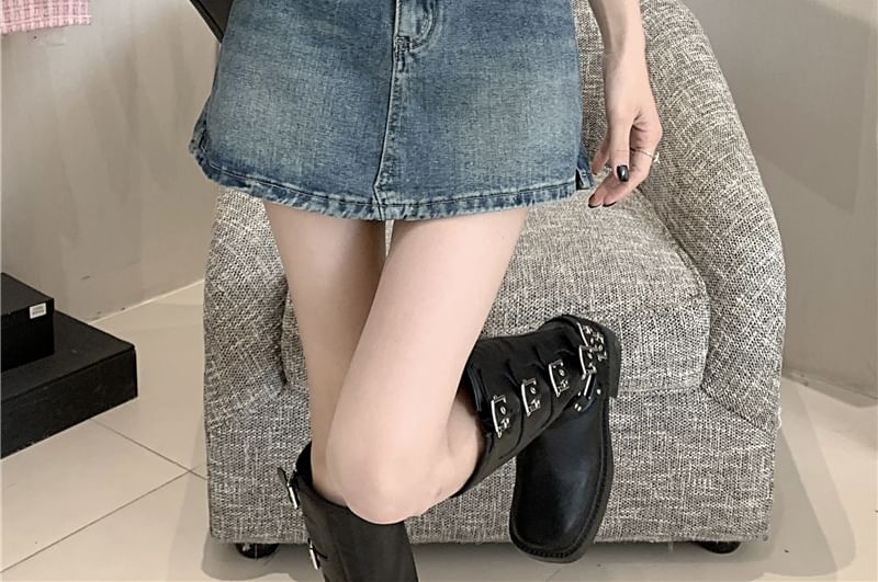 High Waist Washed Denim Skort