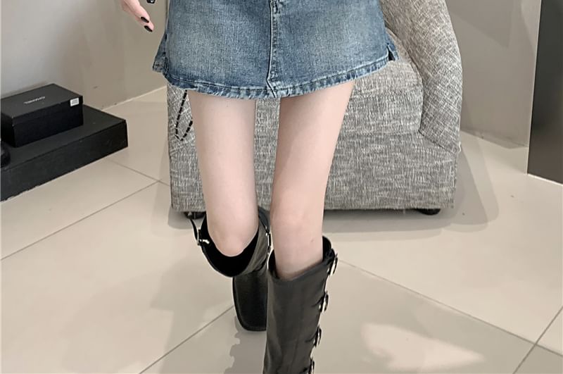 High Waist Washed Denim Skort