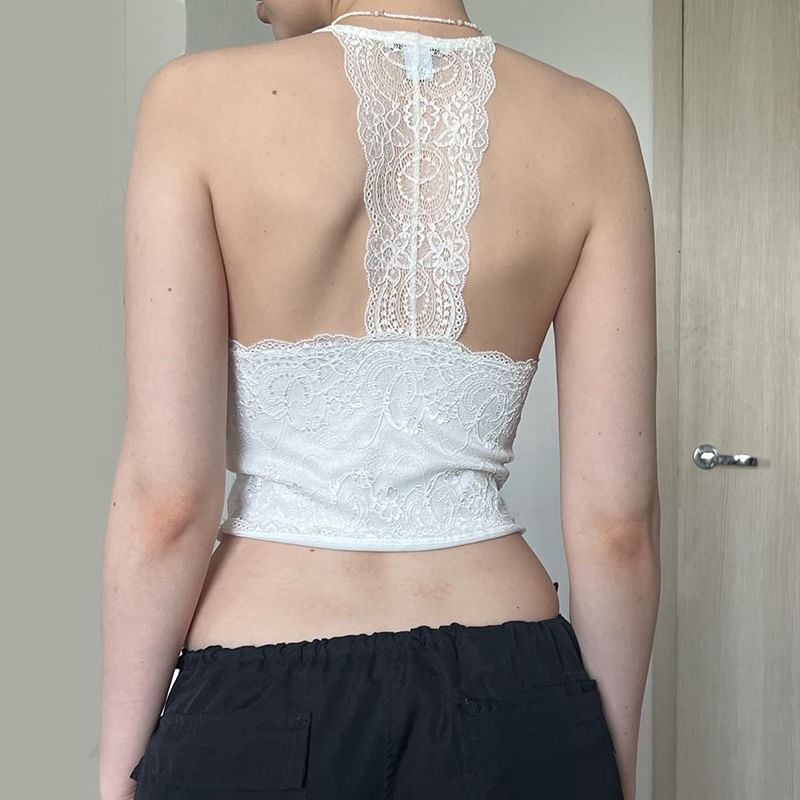 Lace Halter Neck Open-Back Cropped Top