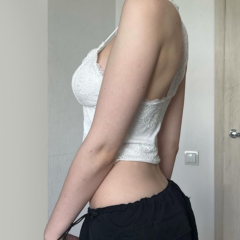 Lace Halter Neck Open-Back Cropped Top