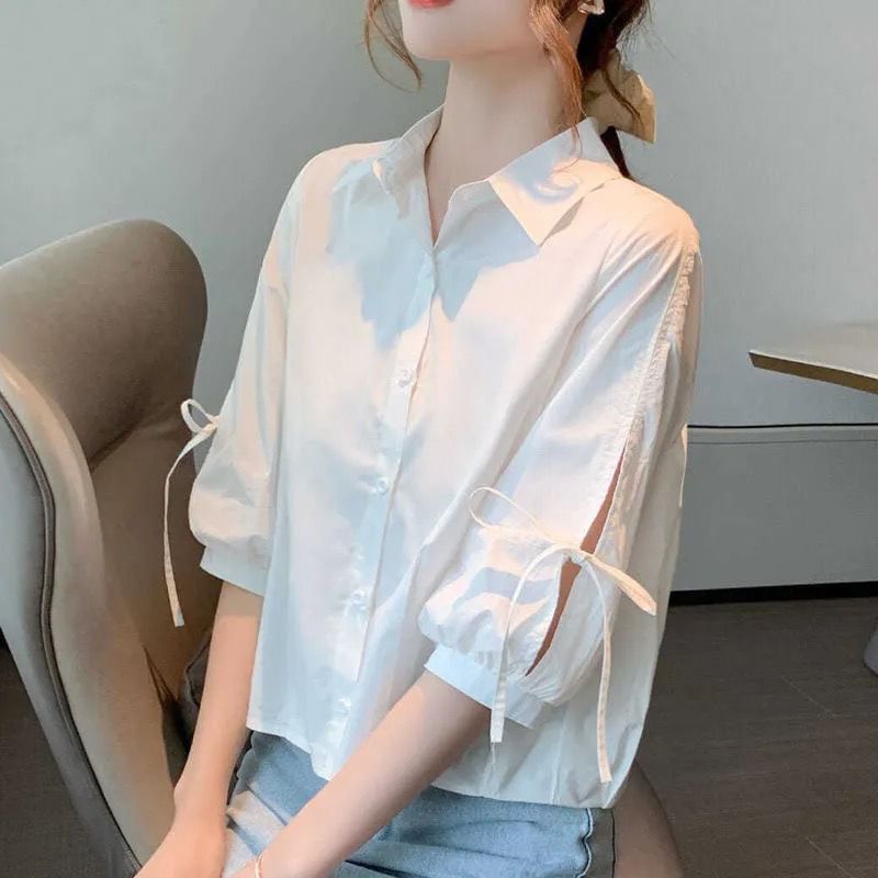 Elbow-Sleeve Lace-Up Plain Shirt