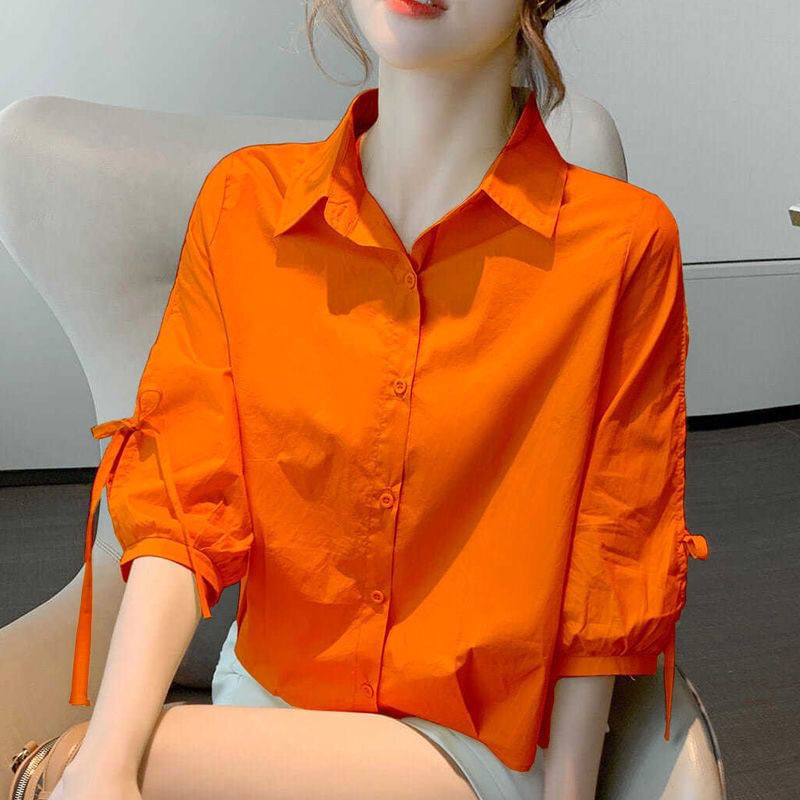 Elbow-Sleeve Lace-Up Plain Shirt