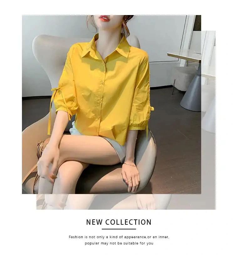 Elbow-Sleeve Lace-Up Plain Shirt