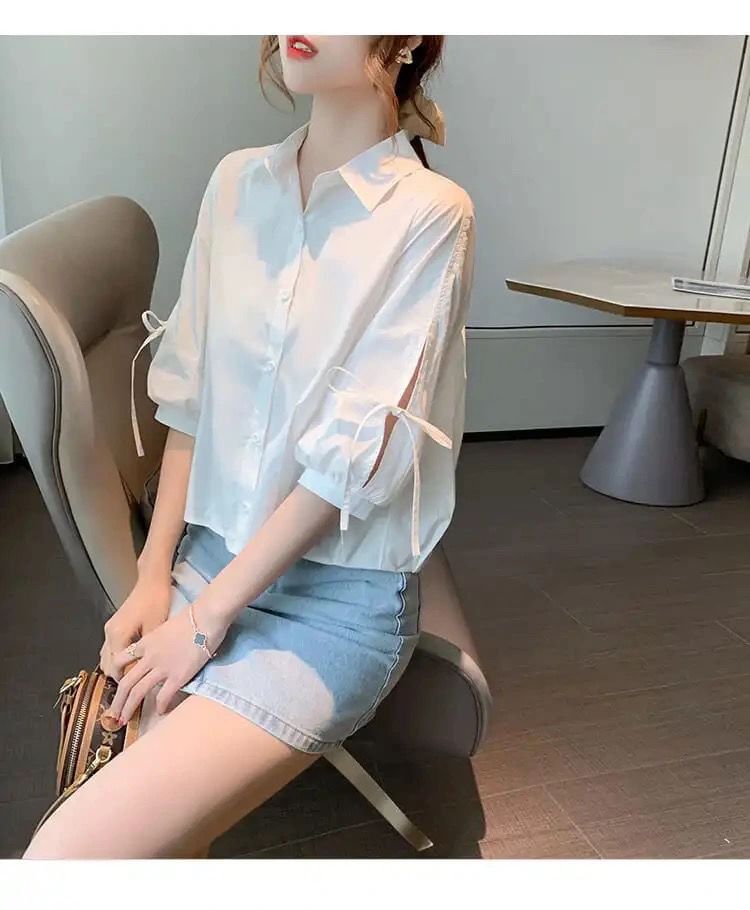 Elbow-Sleeve Lace-Up Plain Shirt
