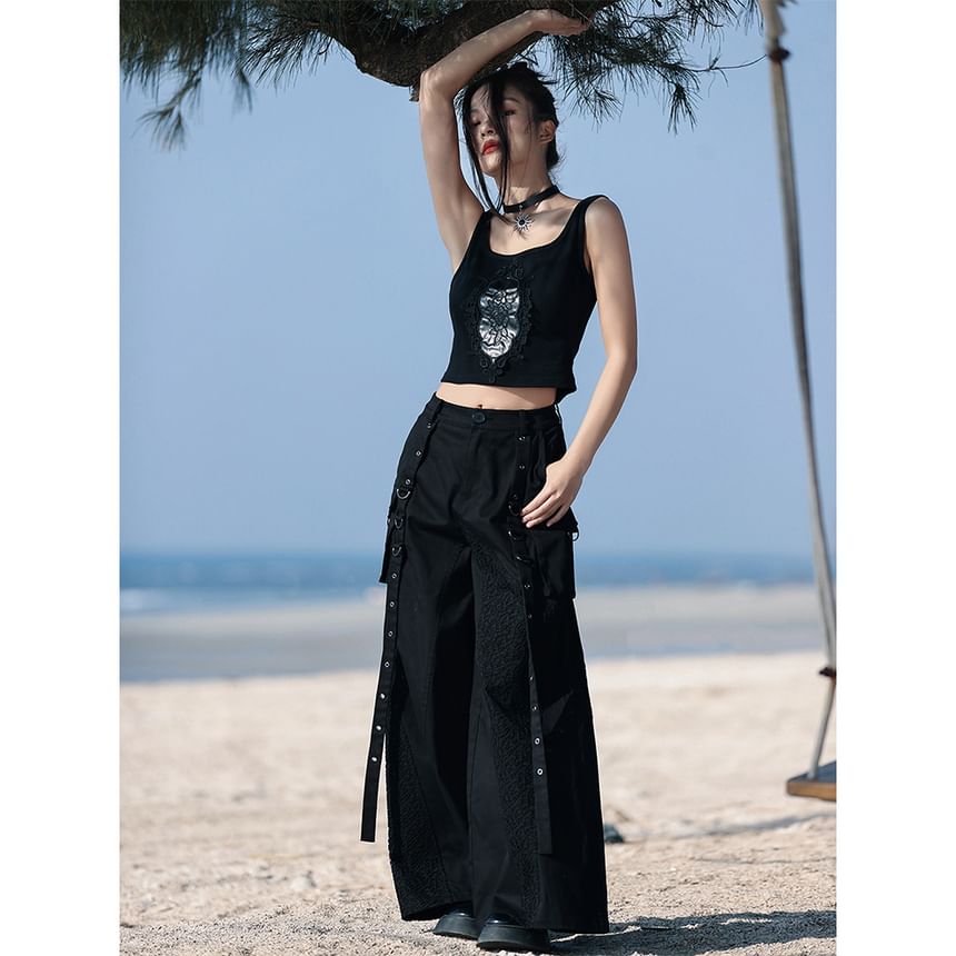High Rise Plain Grommet Wide Leg Cargo Pants