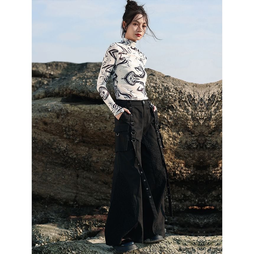 High Rise Plain Grommet Wide Leg Cargo Pants