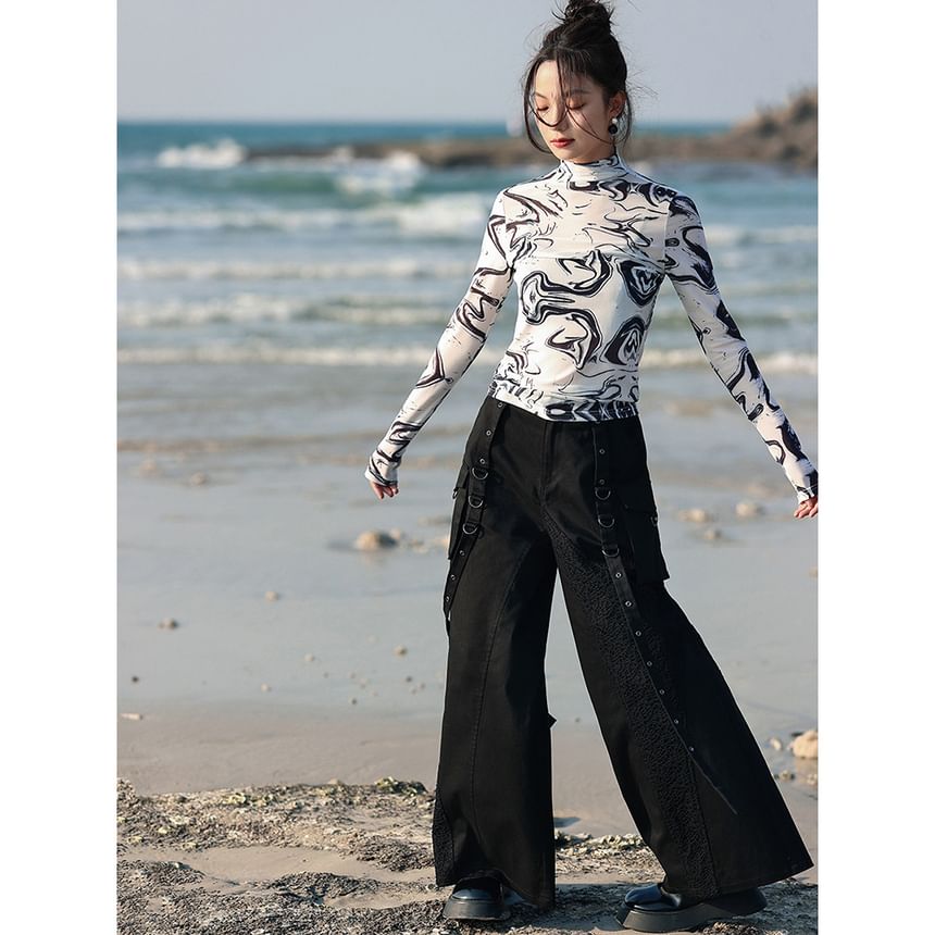 High Rise Plain Grommet Wide Leg Cargo Pants
