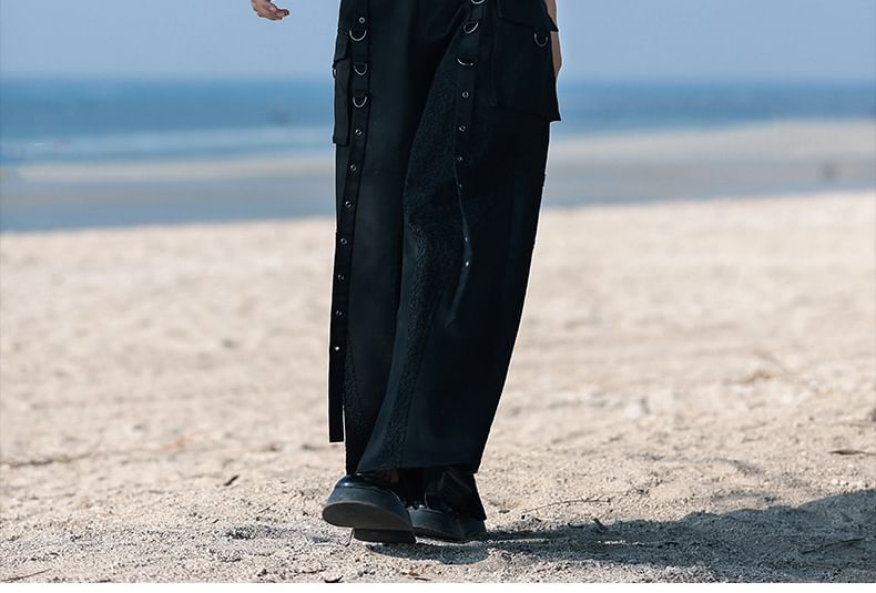 High Rise Plain Grommet Wide Leg Cargo Pants