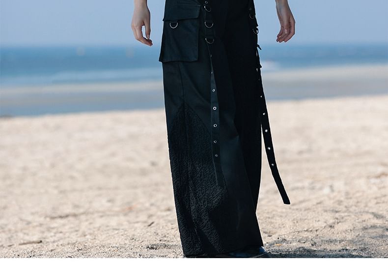 High Rise Plain Grommet Wide Leg Cargo Pants