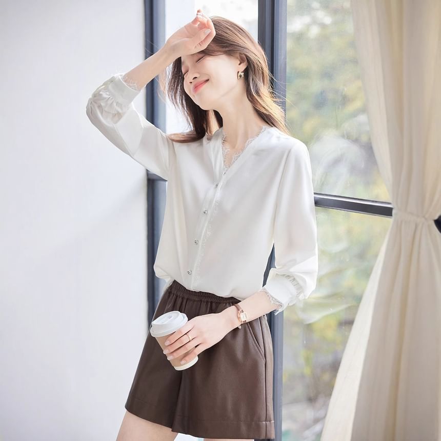 V-Neck Lace Trim Long-Sleeved Blouse