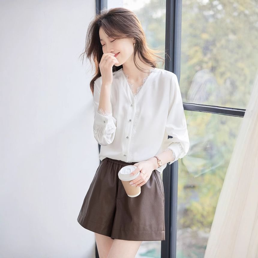V-Neck Lace Trim Long-Sleeved Blouse