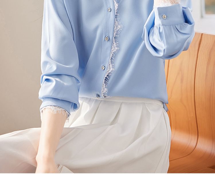 V-Neck Lace Trim Long-Sleeved Blouse