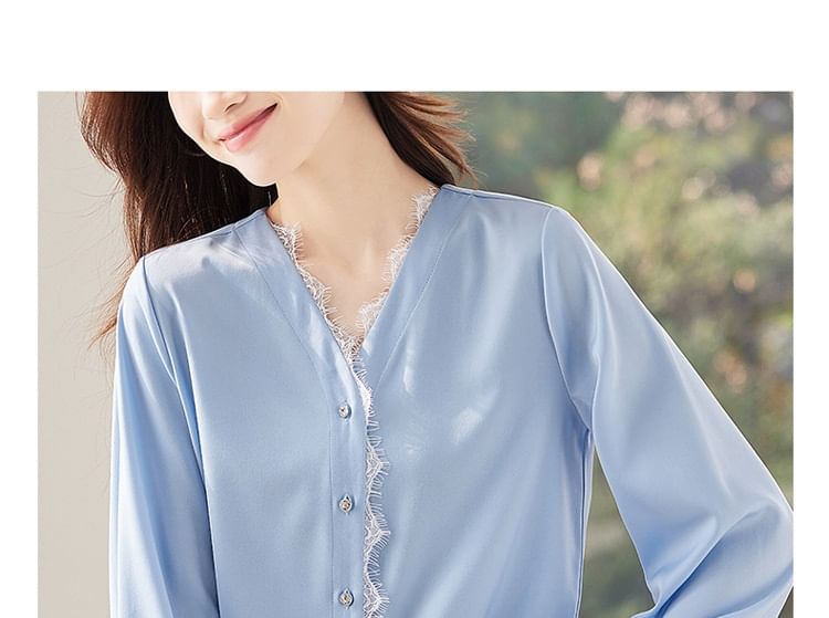 V-Neck Lace Trim Long-Sleeved Blouse