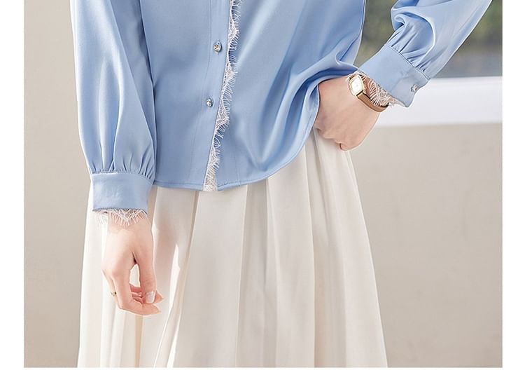 V-Neck Lace Trim Long-Sleeved Blouse