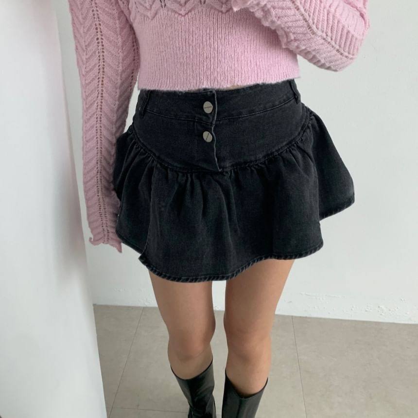 High Waist Button Fly Denim Mini A-Line Skort