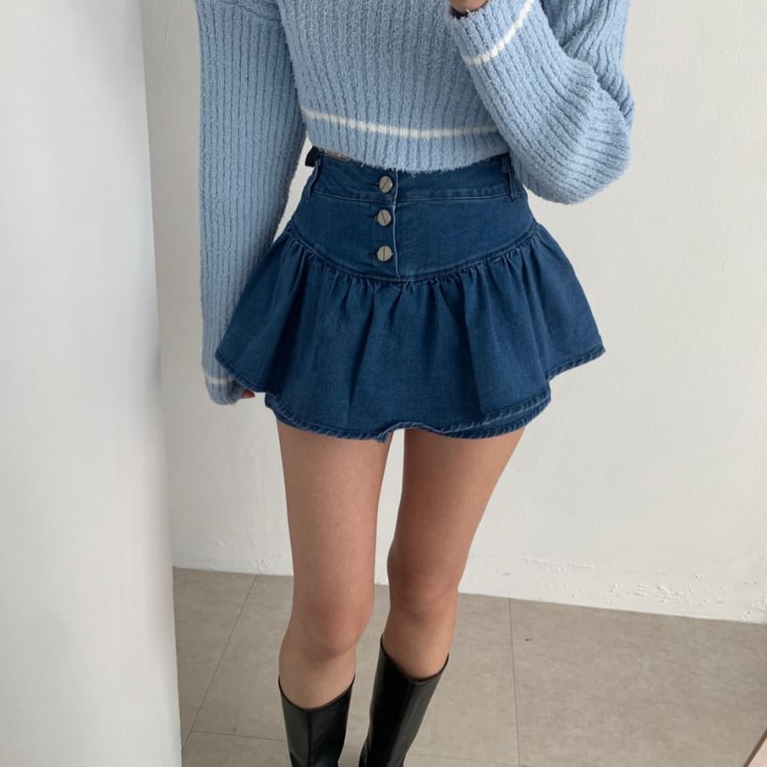 High Waist Button Fly Denim Mini A-Line Skort