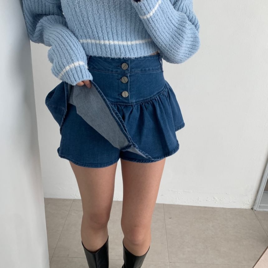 High Waist Button Fly Denim Mini A-Line Skort