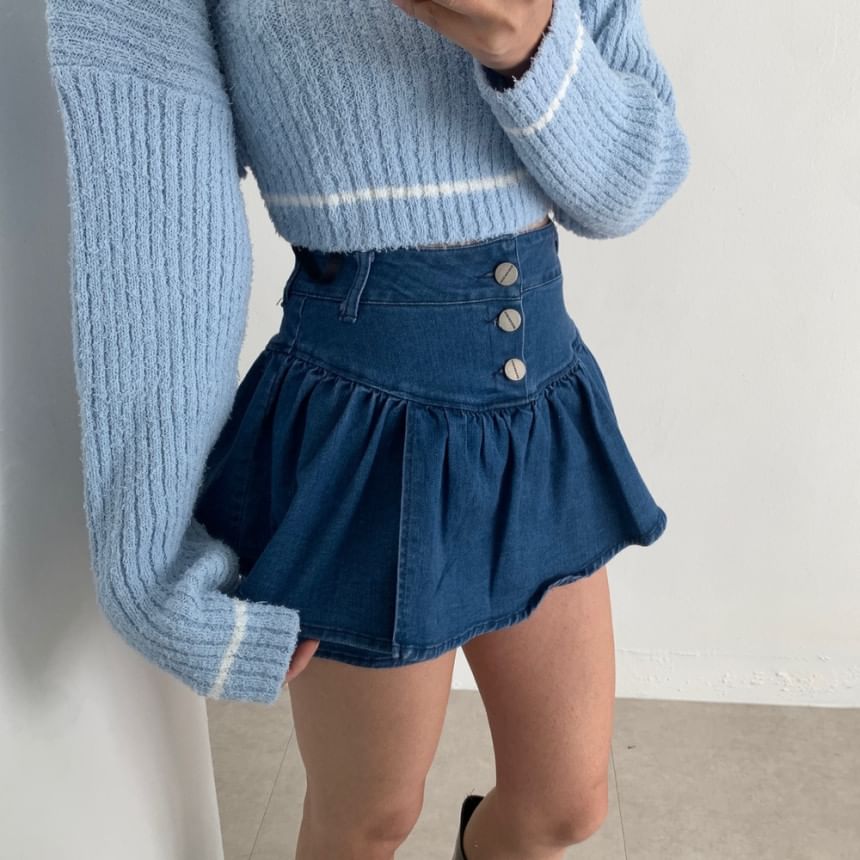 High Waist Button Fly Denim Mini A-Line Skort