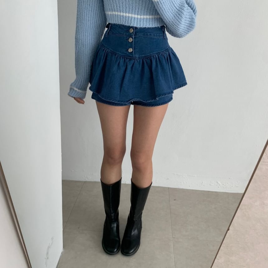 High Waist Button Fly Denim Mini A-Line Skort
