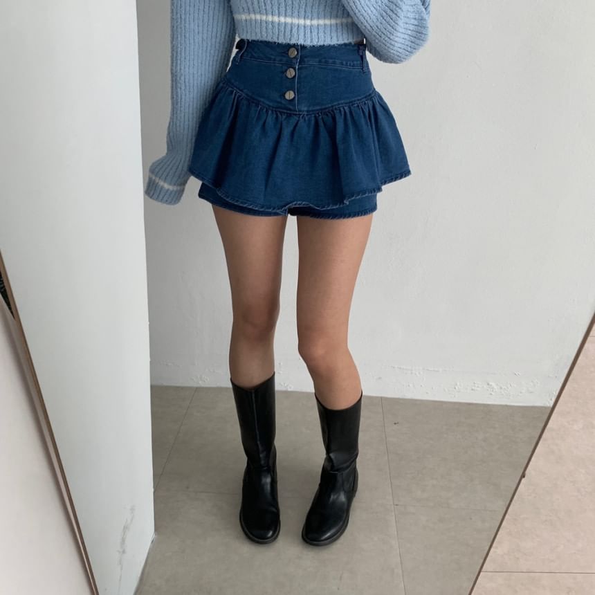 High Waist Button Fly Denim Mini A-Line Skort