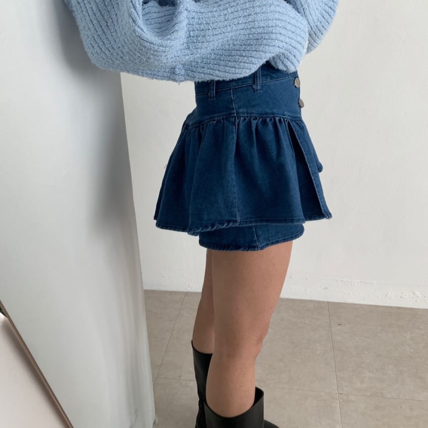High Waist Button Fly Denim Mini A-Line Skort