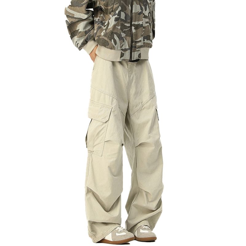 Mid Waist Plain Ruched Straight Leg Cargo Pants