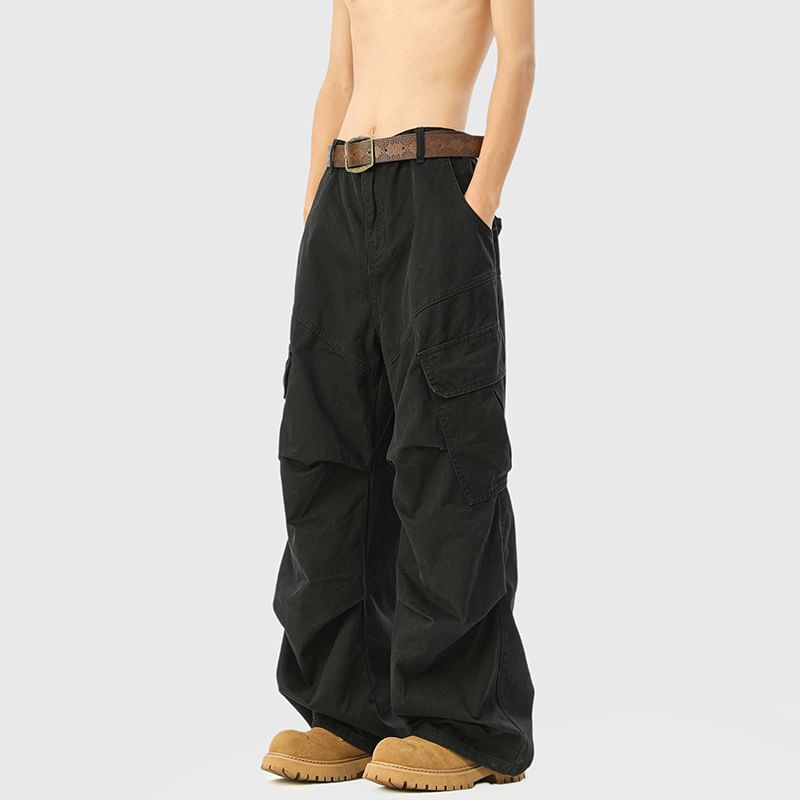 Mid Waist Plain Ruched Straight Leg Cargo Pants