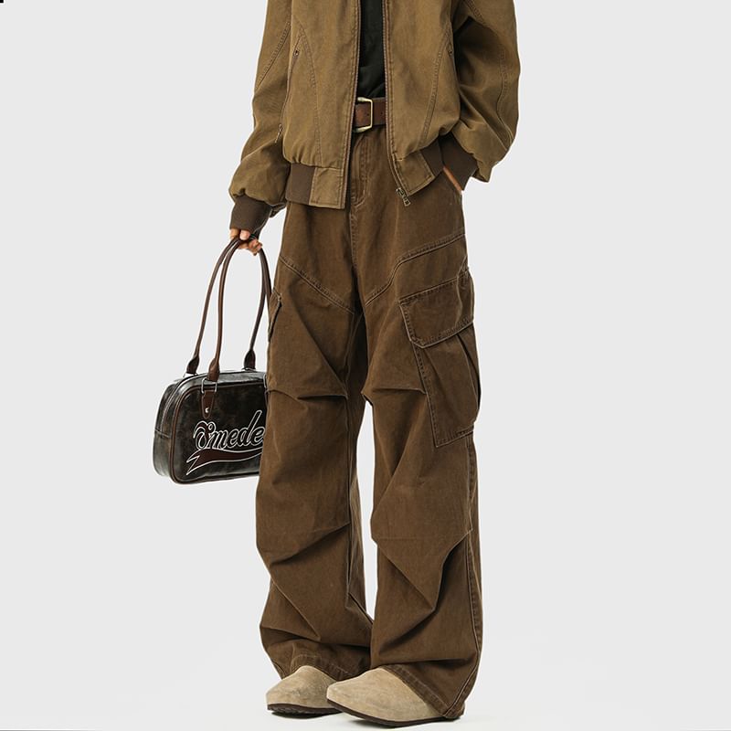 Mid Waist Plain Ruched Straight Leg Cargo Pants