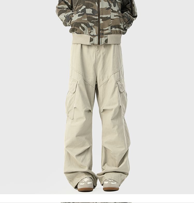 Mid Waist Plain Ruched Straight Leg Cargo Pants