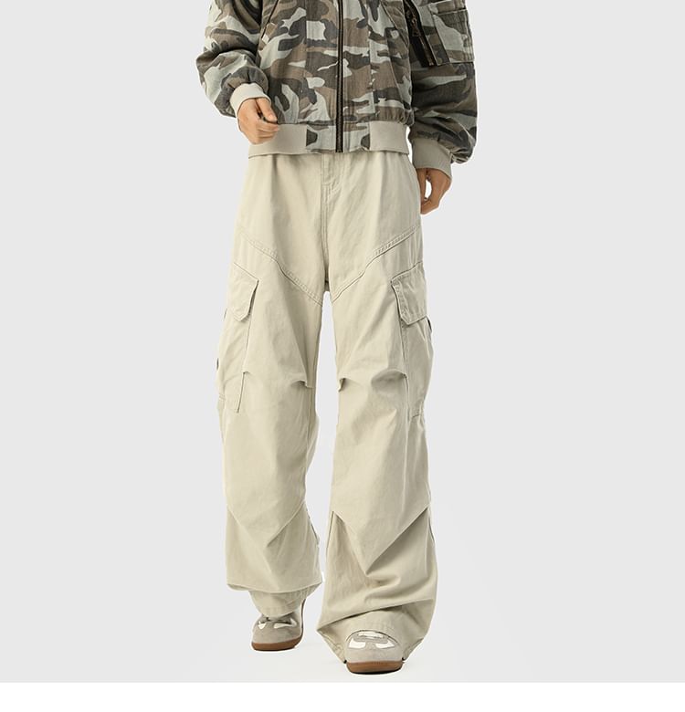 Mid Waist Plain Ruched Straight Leg Cargo Pants