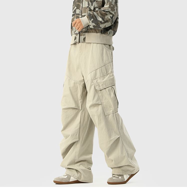 Mid Waist Plain Ruched Straight Leg Cargo Pants