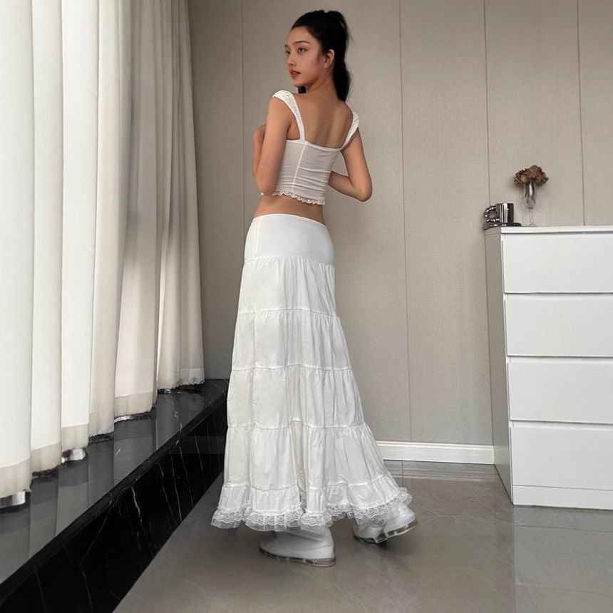 Lace-Up Trim Cami and Drawstring Waist Tiered Maxi Skirt