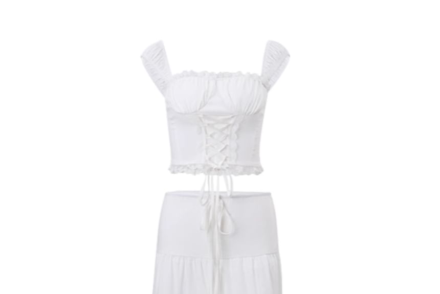 Lace-Up Trim Cami and Drawstring Waist Tiered Maxi Skirt