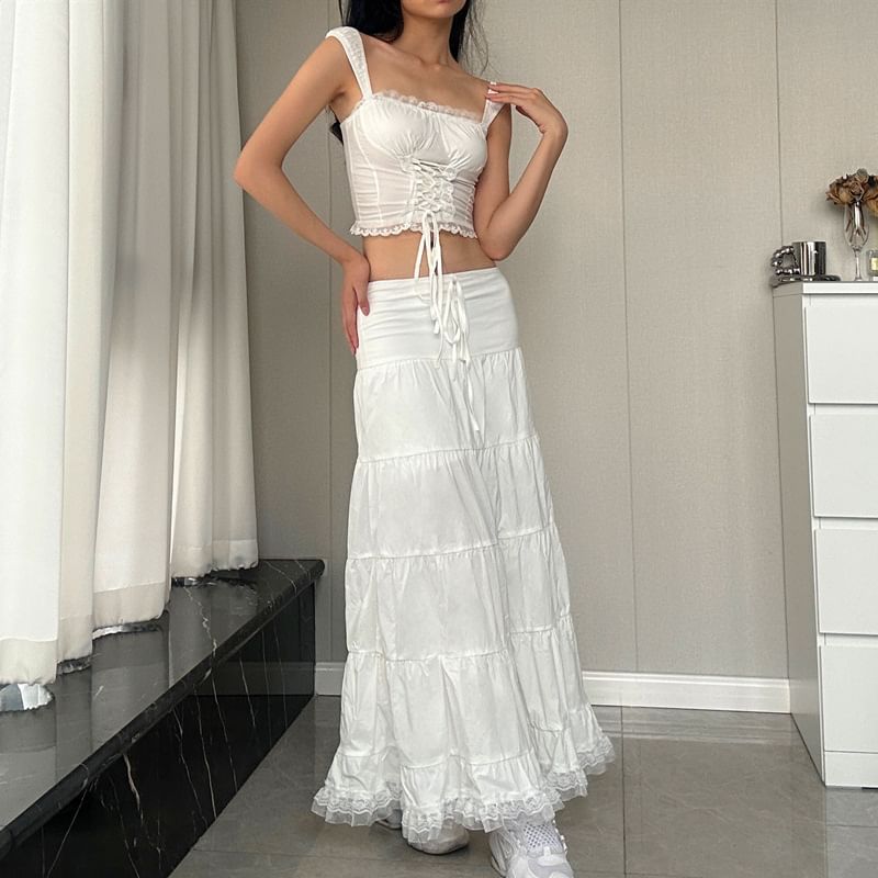 Lace-Up Trim Cami and Drawstring Waist Tiered Maxi Skirt