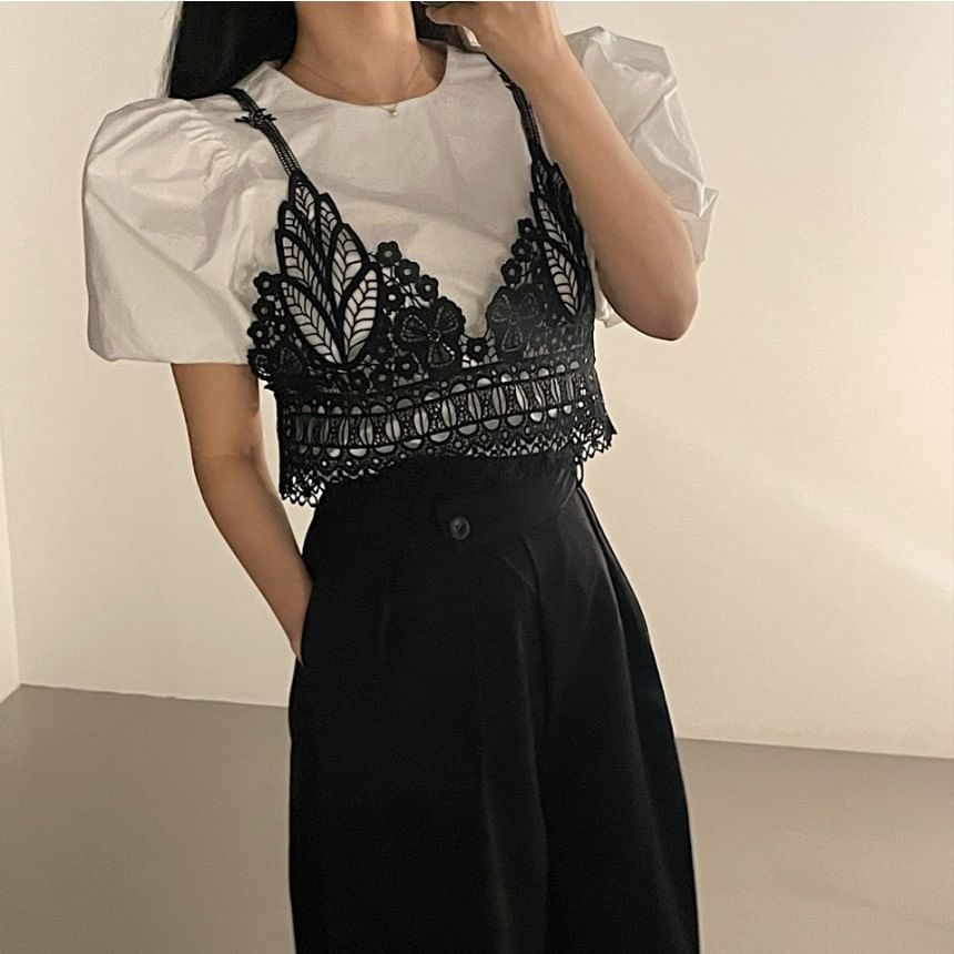 Crew Neck Puff-Sleeved Blouse with Lace Camisole Set