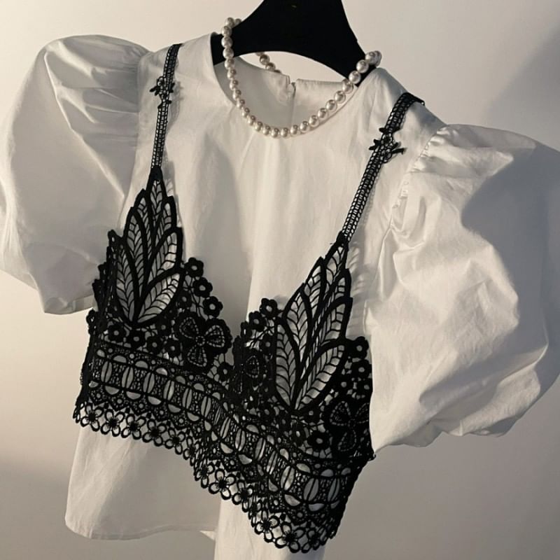 Crew Neck Puff-Sleeved Blouse with Lace Camisole Set