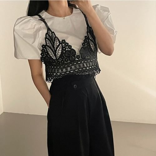 Crew Neck Puff-Sleeved Blouse with Lace Camisole Set