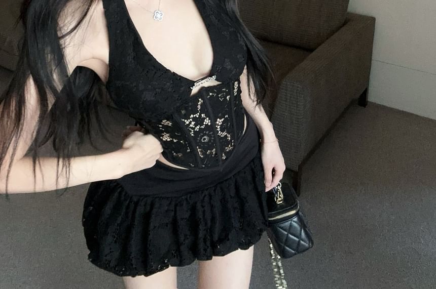 Halter Lace Bustier Top & Mini A-Line Skirt