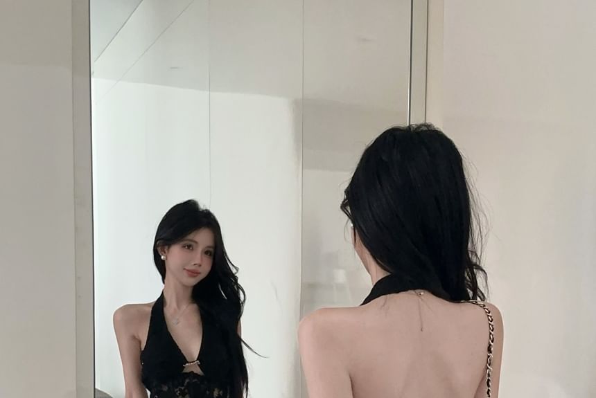 Halter Lace Bustier Top & Mini A-Line Skirt