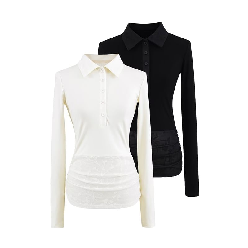 Lace Panel Long-Sleeved Polo Knit Shirt