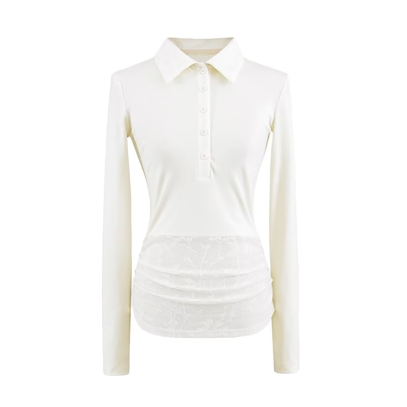 Lace Panel Long-Sleeved Polo Knit Shirt