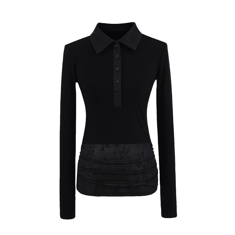 Lace Panel Long-Sleeved Polo Knit Shirt