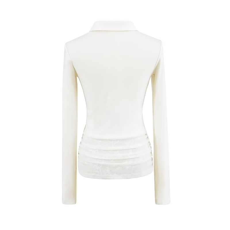 Lace Panel Long-Sleeved Polo Knit Shirt