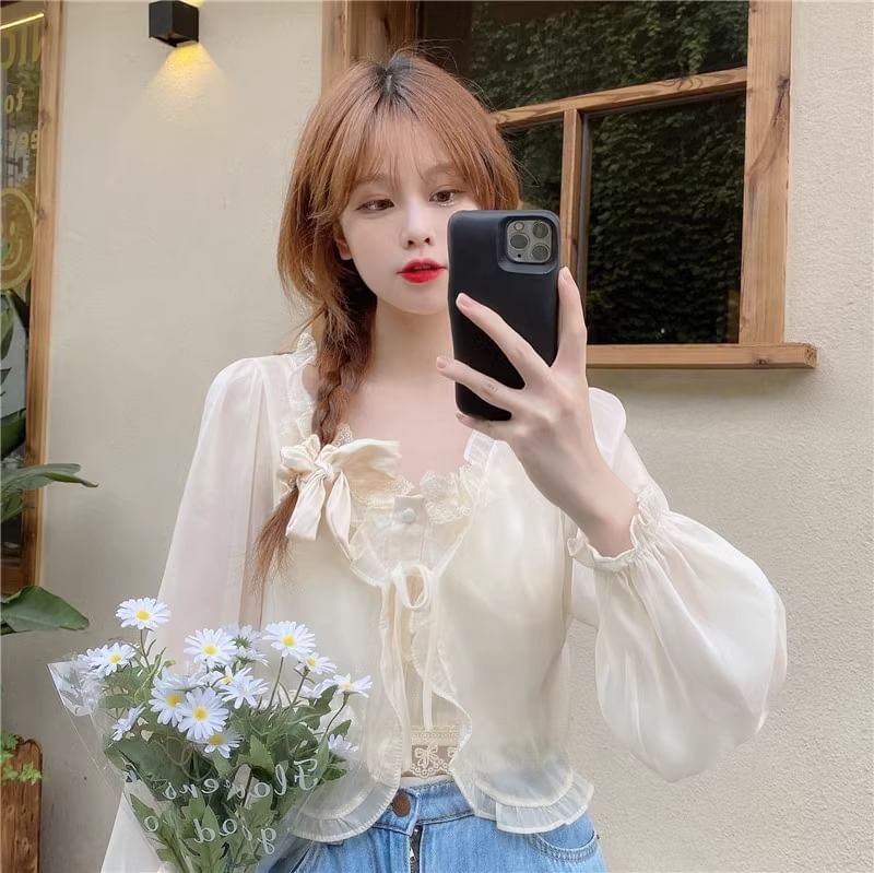 Ruffle Trim Crop Jacket & Lace Camisole Set