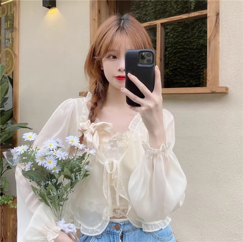 Ruffle Trim Crop Jacket & Lace Camisole Set