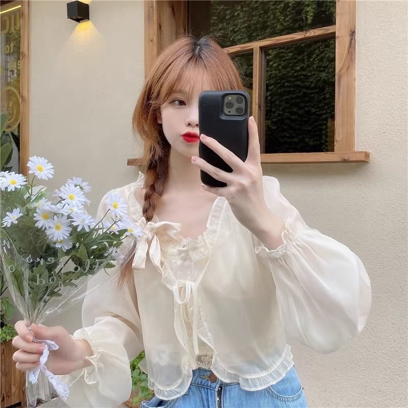 Ruffle Trim Crop Jacket & Lace Camisole Set
