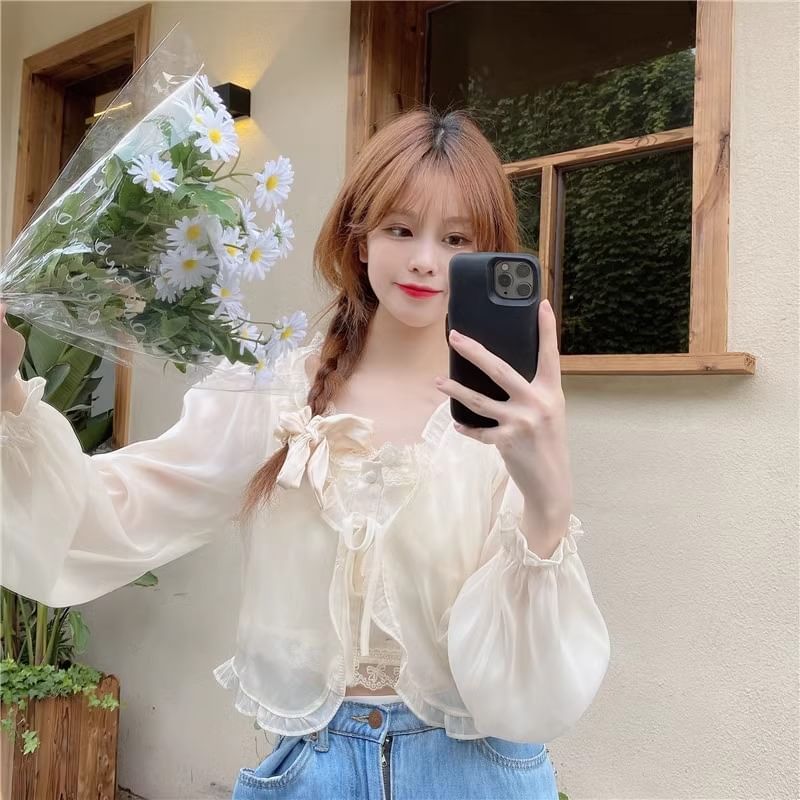 Ruffle Trim Crop Jacket & Lace Camisole Set