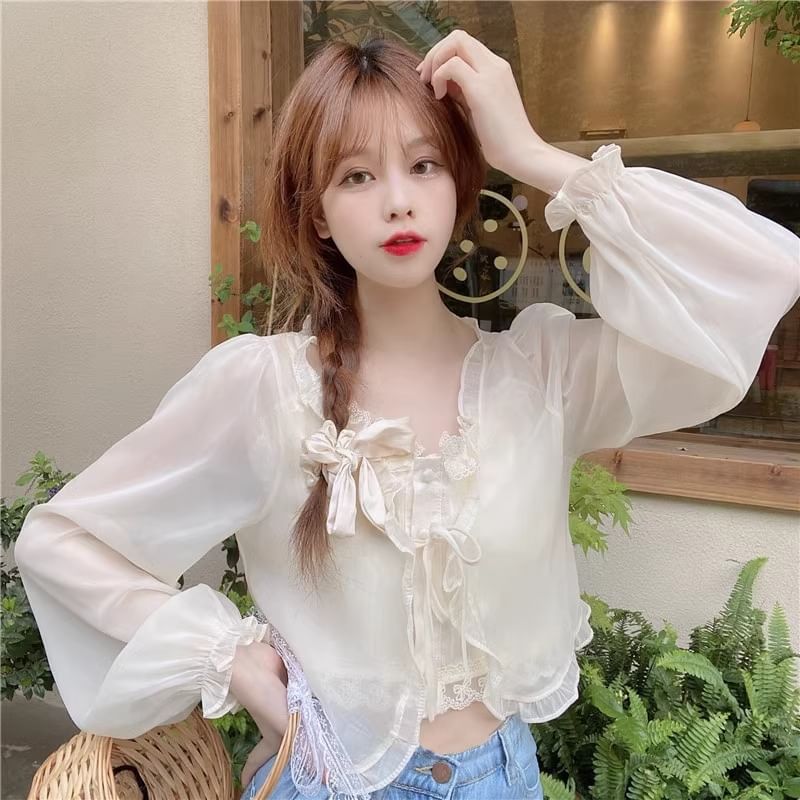 Ruffle Trim Crop Jacket & Lace Camisole Set