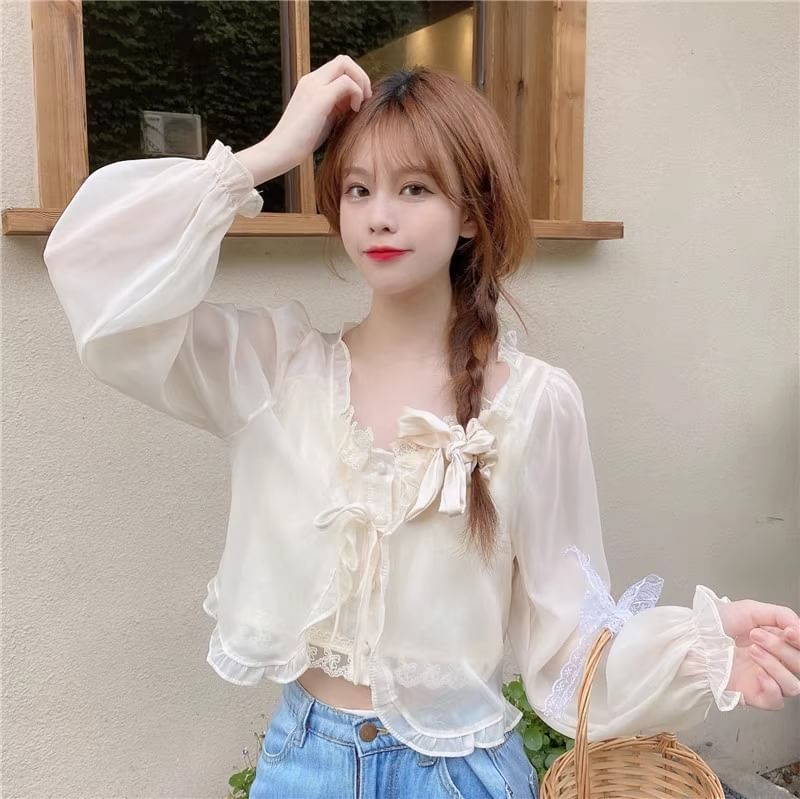 Ruffle Trim Crop Jacket & Lace Camisole Set